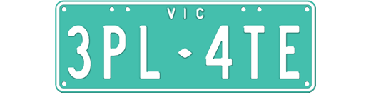 Restyled plate - white text on a light pink background and black border, two sets of characters separated by a VIC logo at the top of the plate (e.g. 3 P L - 4 T E) 