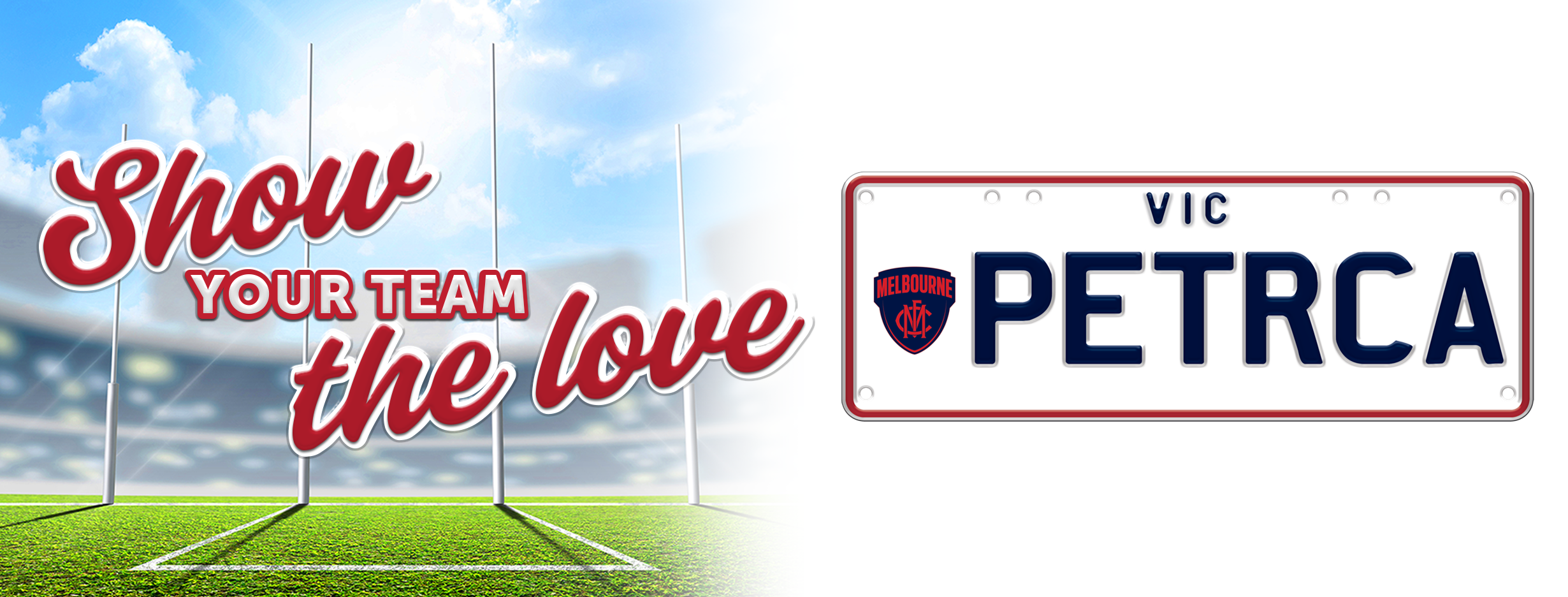 Image of an AFL-themed banner that reads "Show your team the love" with example plates on the right-hand side