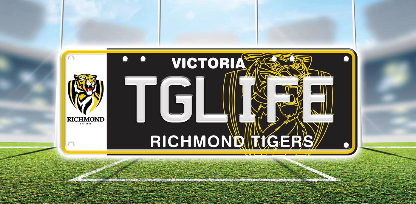 Image of an AFL-themed banner that reads "Show your team the love" with example plates on the right-hand side