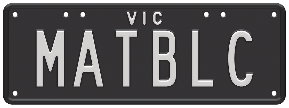 Custom Matte plate - white embossed text on black background, one set of characters (for example MATBLC)  with VIC written at the top