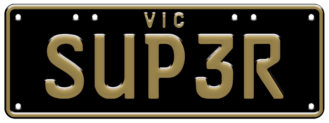 Custom Mix plate - gold embossed text on black background, one set of characters (for example SUPER)  with VIC written at the top