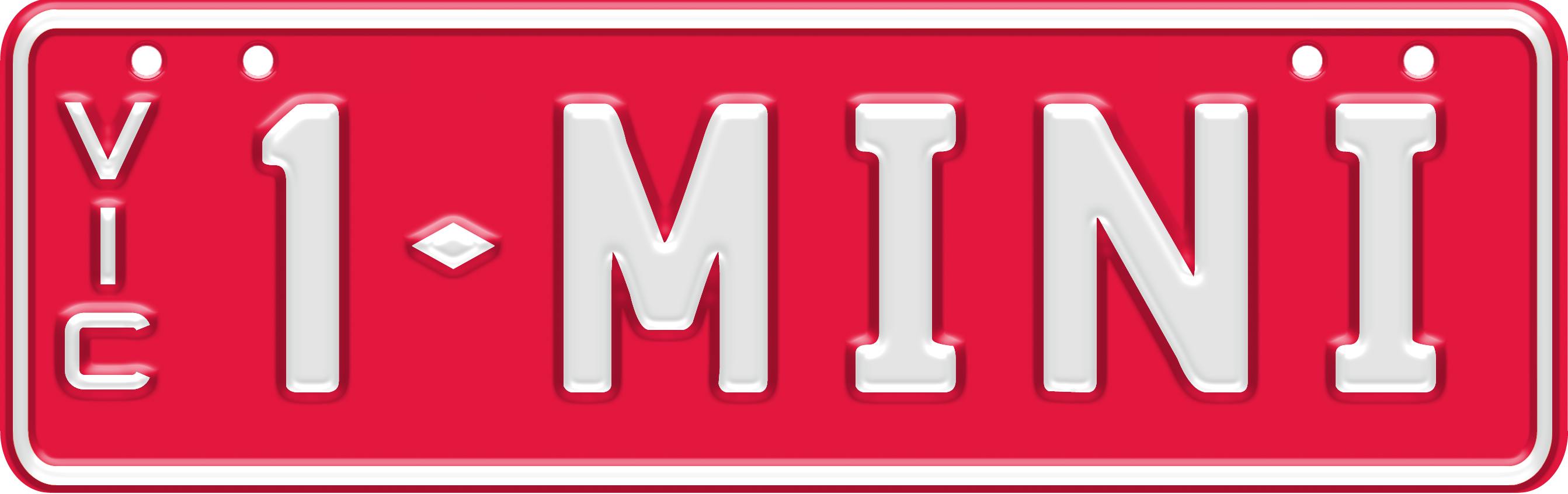 Custom plate slimline - white embossed text on red background, two sets of characters separated by a diamond divider (for example 1- MINI), with VIC vertically down on the left side. Eight screws on the edges of the plate