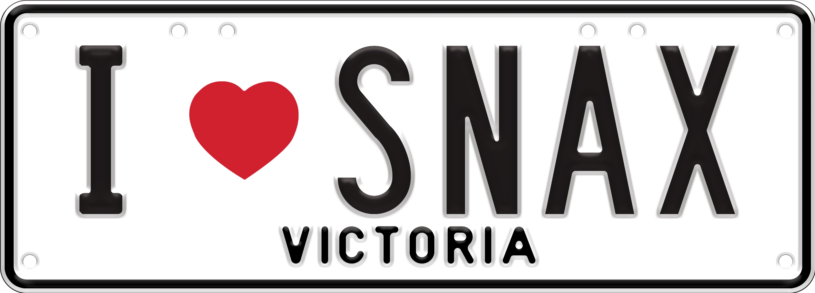 I Love plate -  white embossed text on black background, one set of characters (for example I - red hearth icon -SNAX), with VIC written at the bottom. Eight screws on the edges of the plate