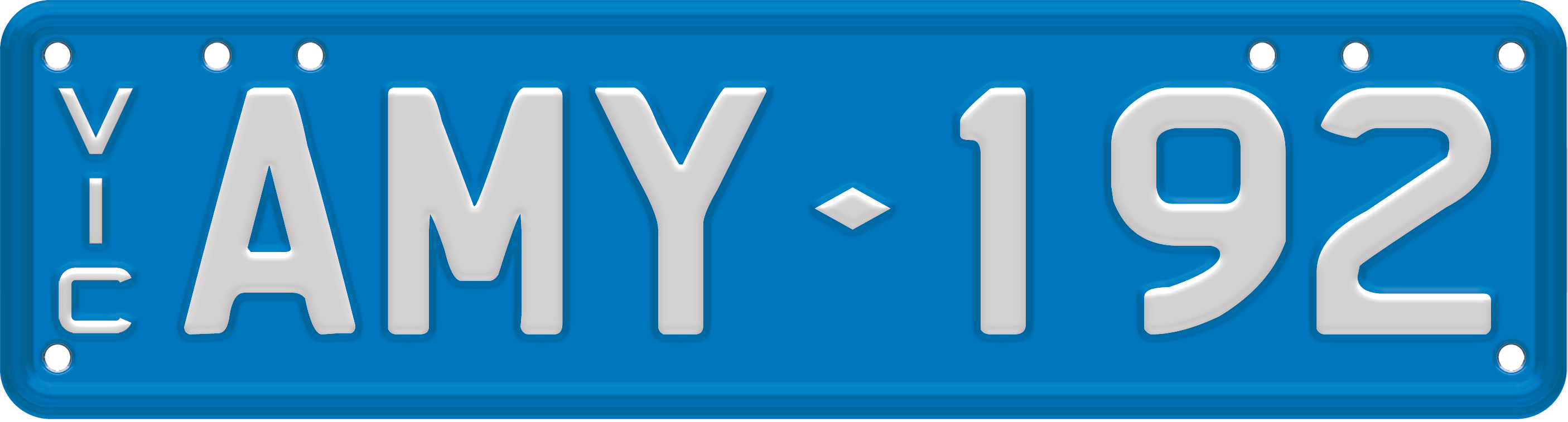 Custom plate -  white embossed text on blue background, 3 letters and 3 numbers (for example AMY192), with VIC written on the left. Eight screws on the edges of the plate