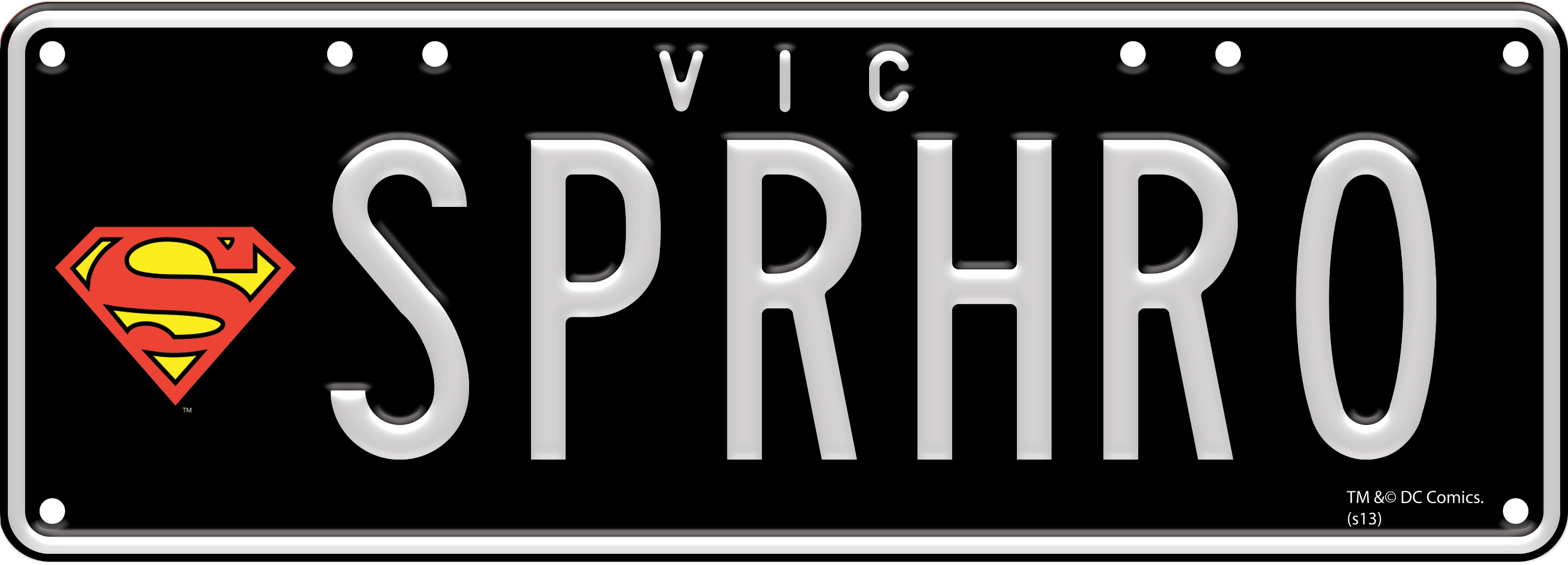 DC Comics plate -  white embossed text on balck background, one set of characters (for example SPRHRO), with VIC written at the top. 