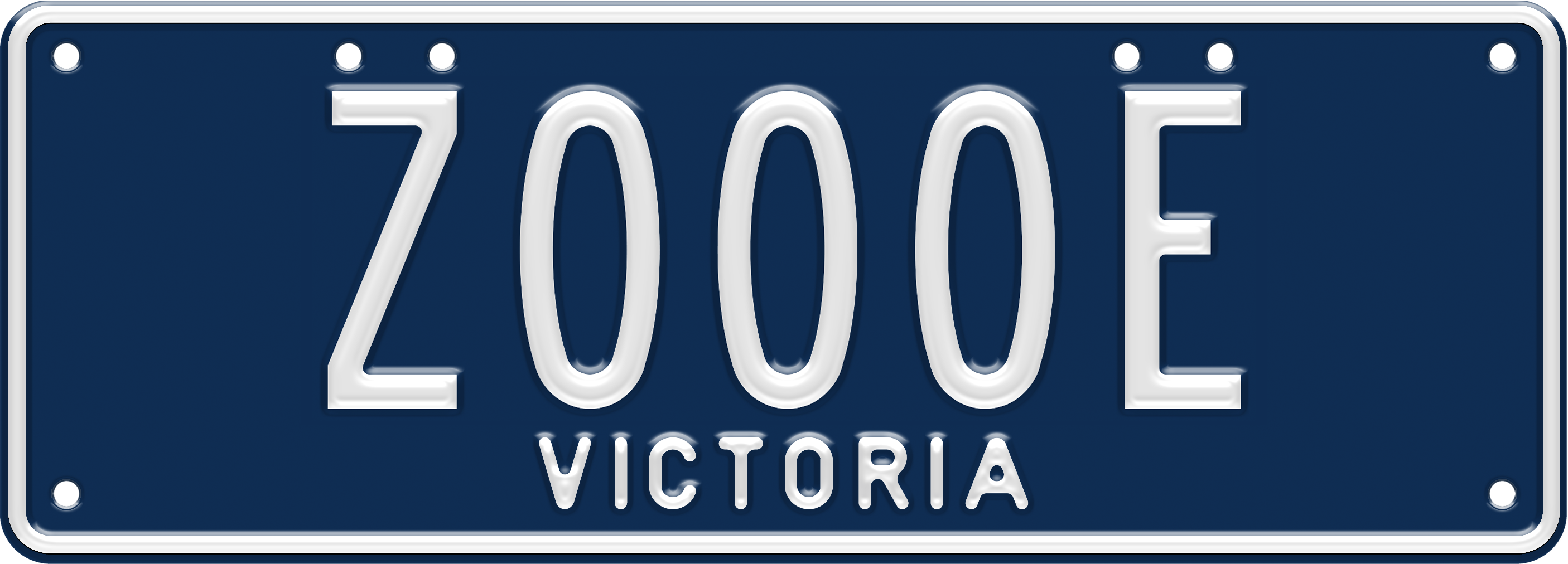 Custom plate -  white embossed text on navy blue background, one set of characters (for example ZOOOE), with VIC written at the top. Eight screws on the edges of the plate
