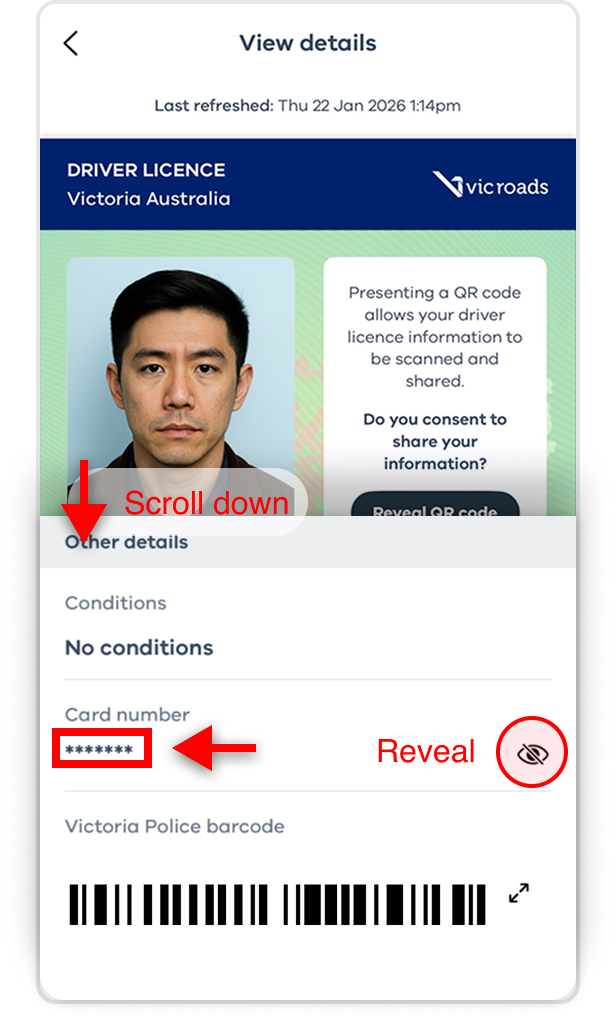 Digital licence indicating where to find card number