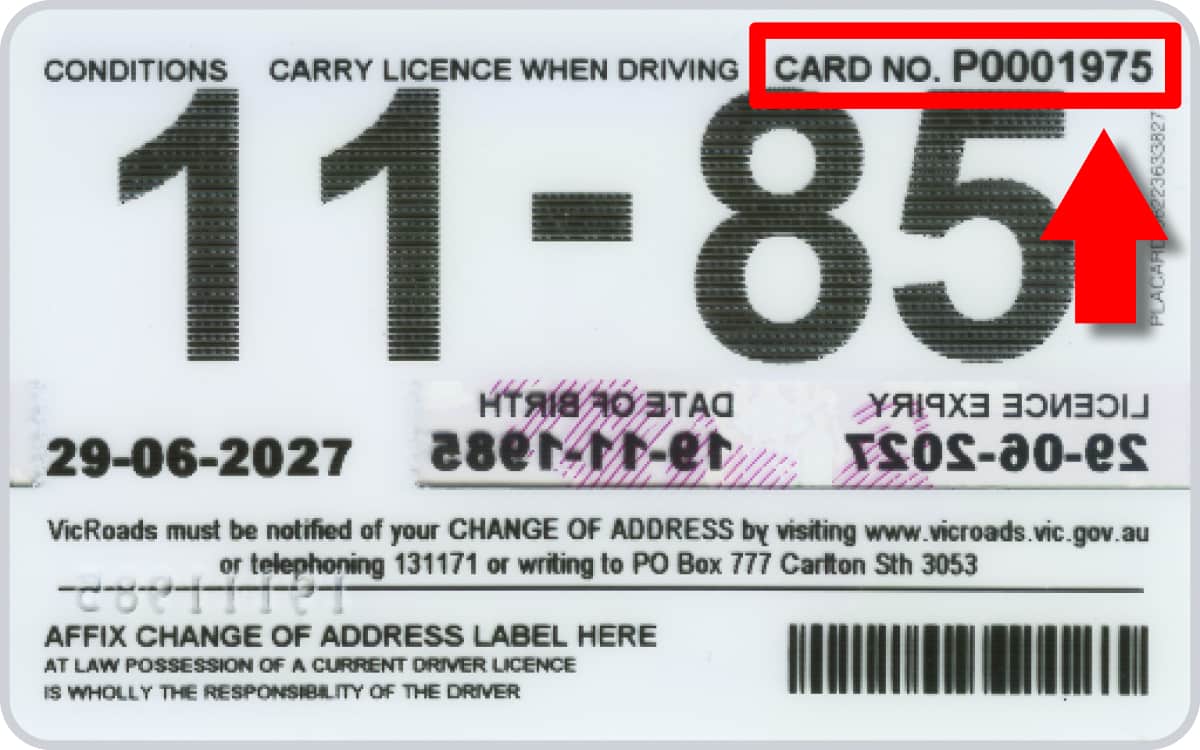 Card showing card number at top right on back